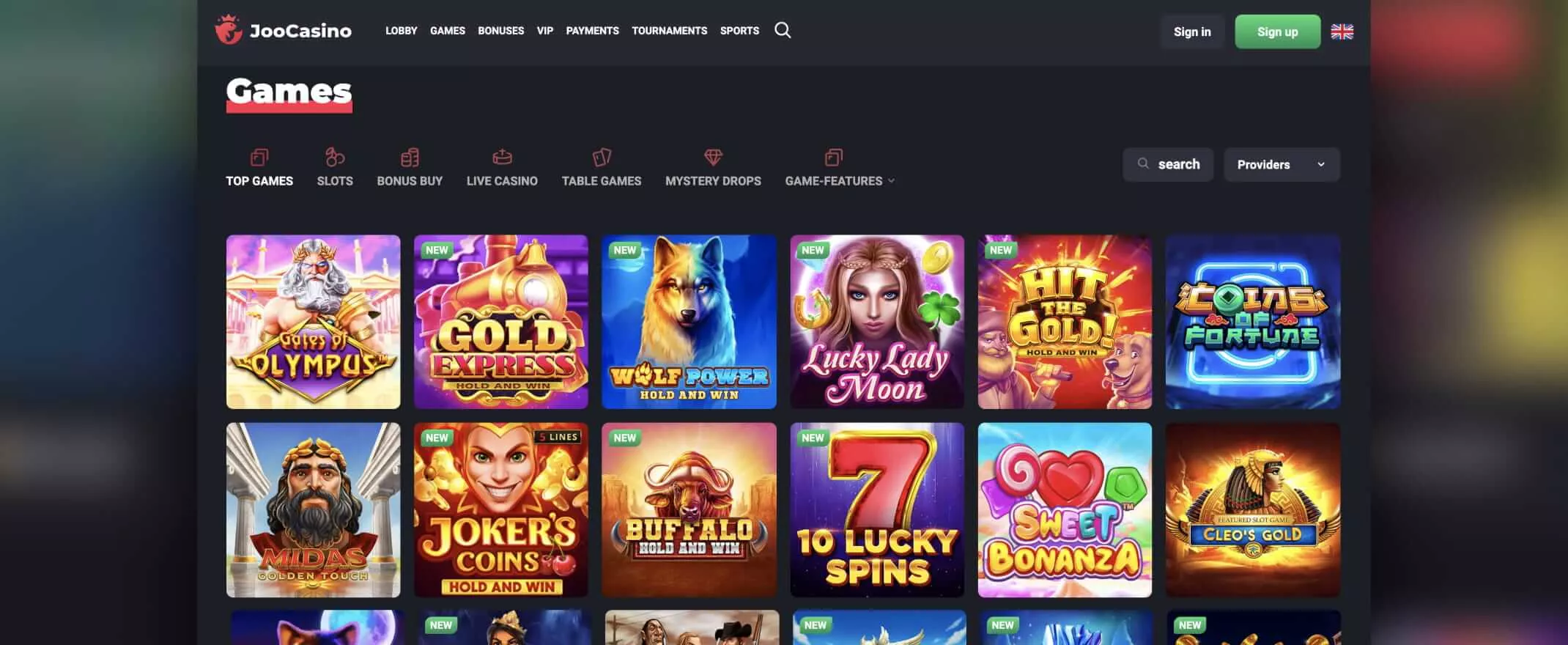 Joo casino screenshot of games