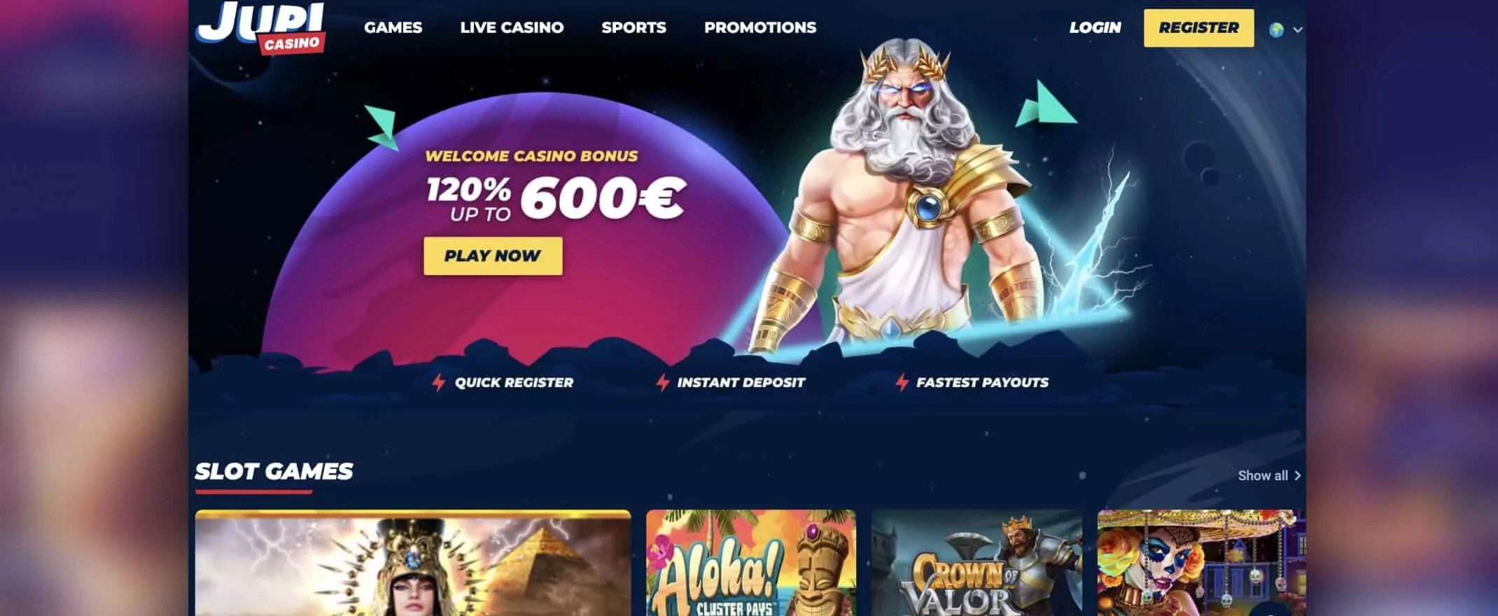 Homepage screenshot of Jupi Casino