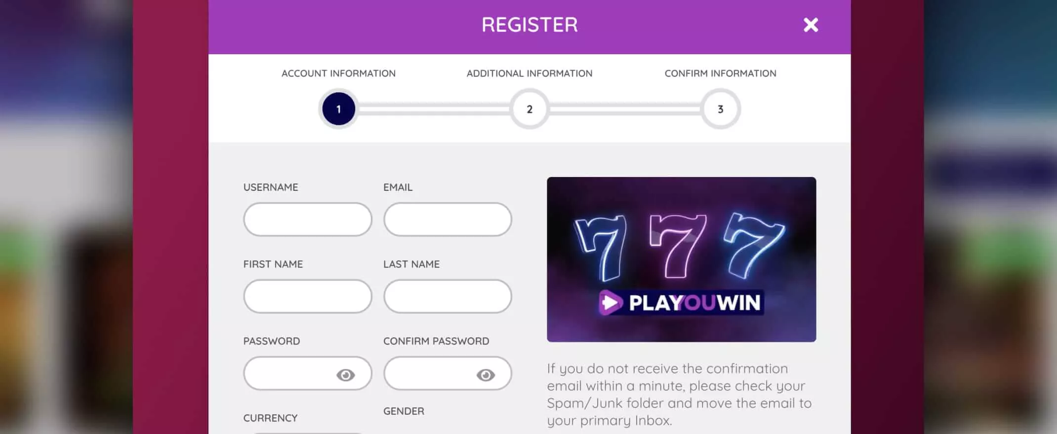 playouwin screenshot of the registration
