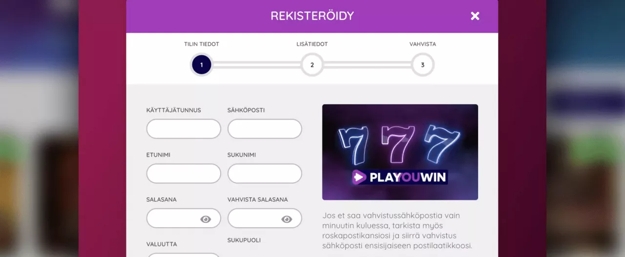 PlaYouWin Casinolle rekisteröityminen