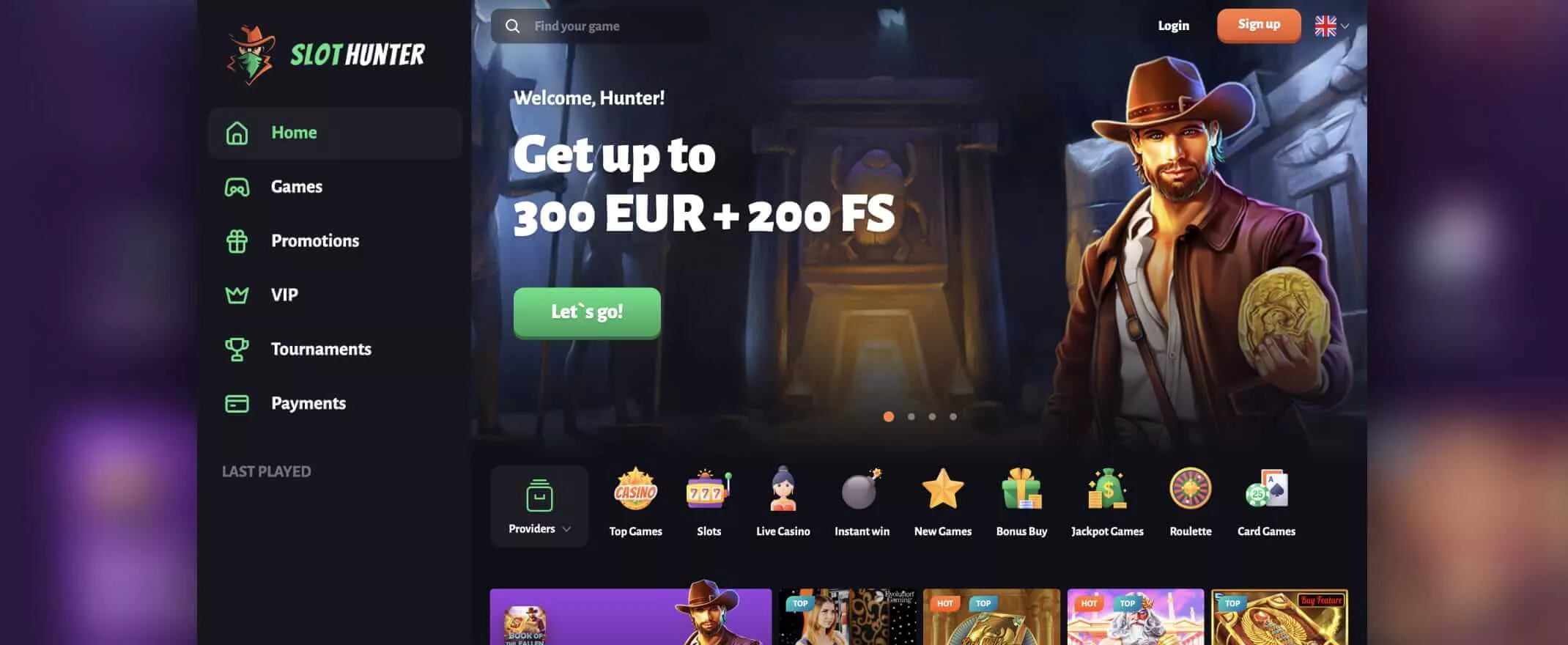 Slot HUnter Casino screenshot of the homepage
