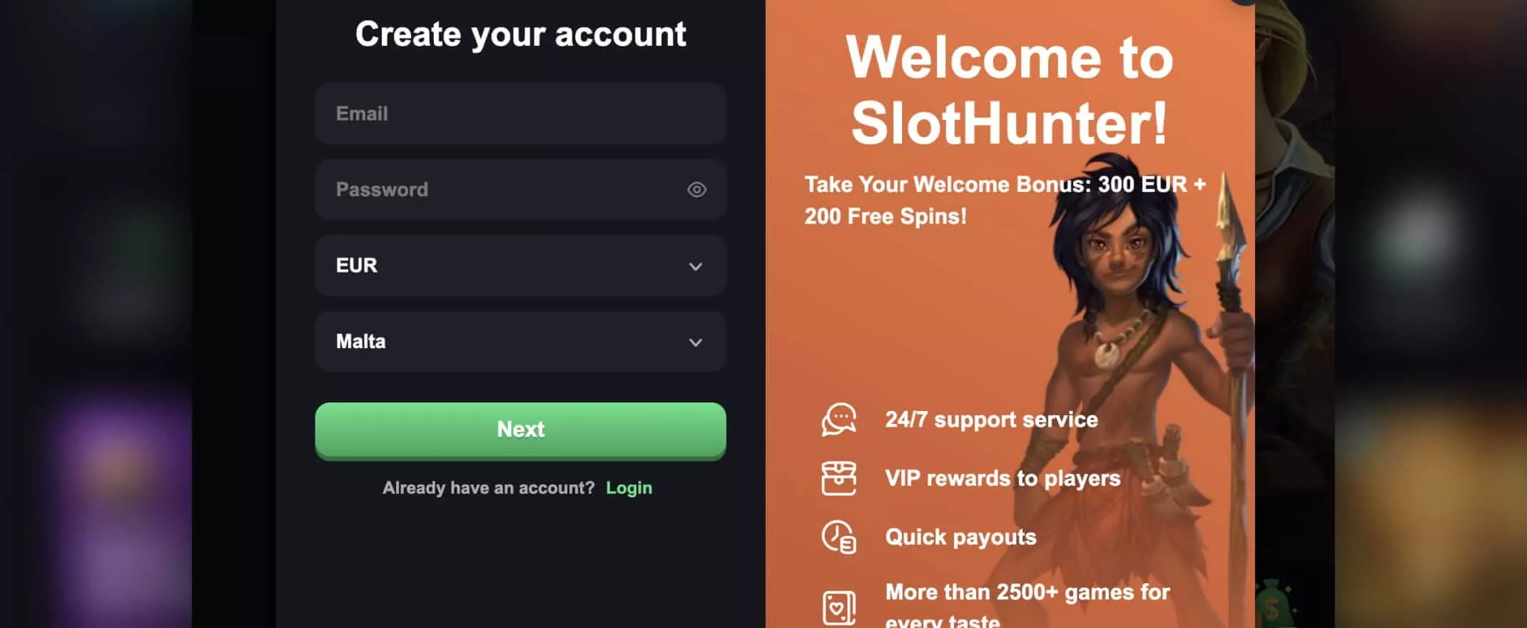 Slot Hunter Casino screenshot of the registration