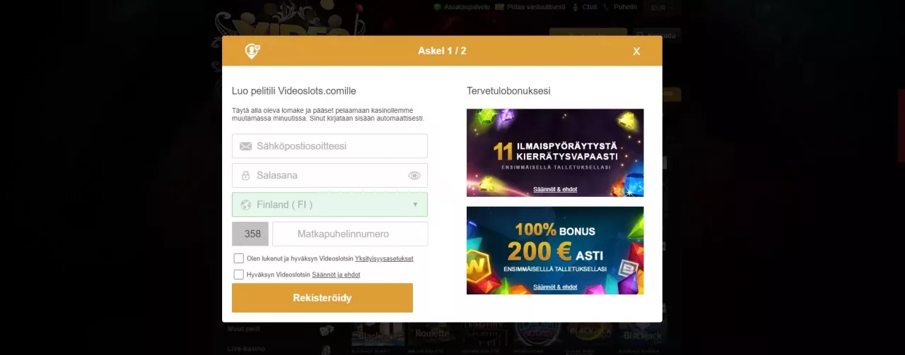 Videoslots Casinolle rekisteröityminen