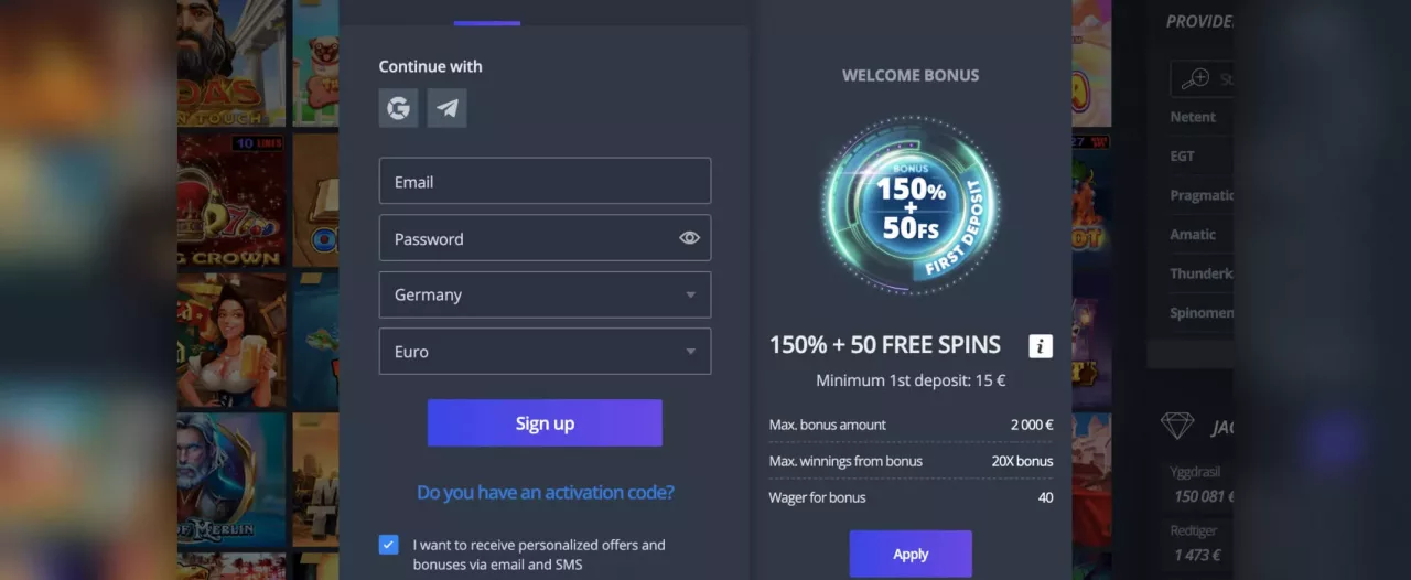 JetCasino registration screenshot
