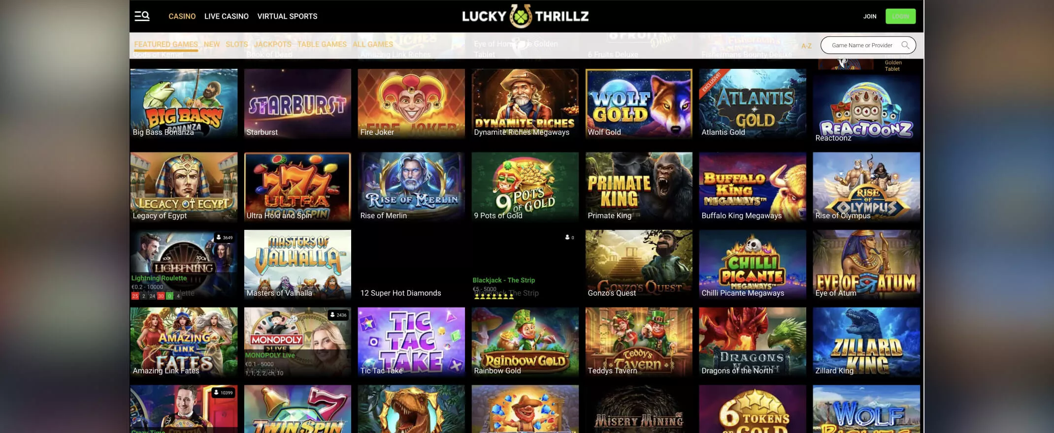 Lucky Thrillz Casino screenshot of games