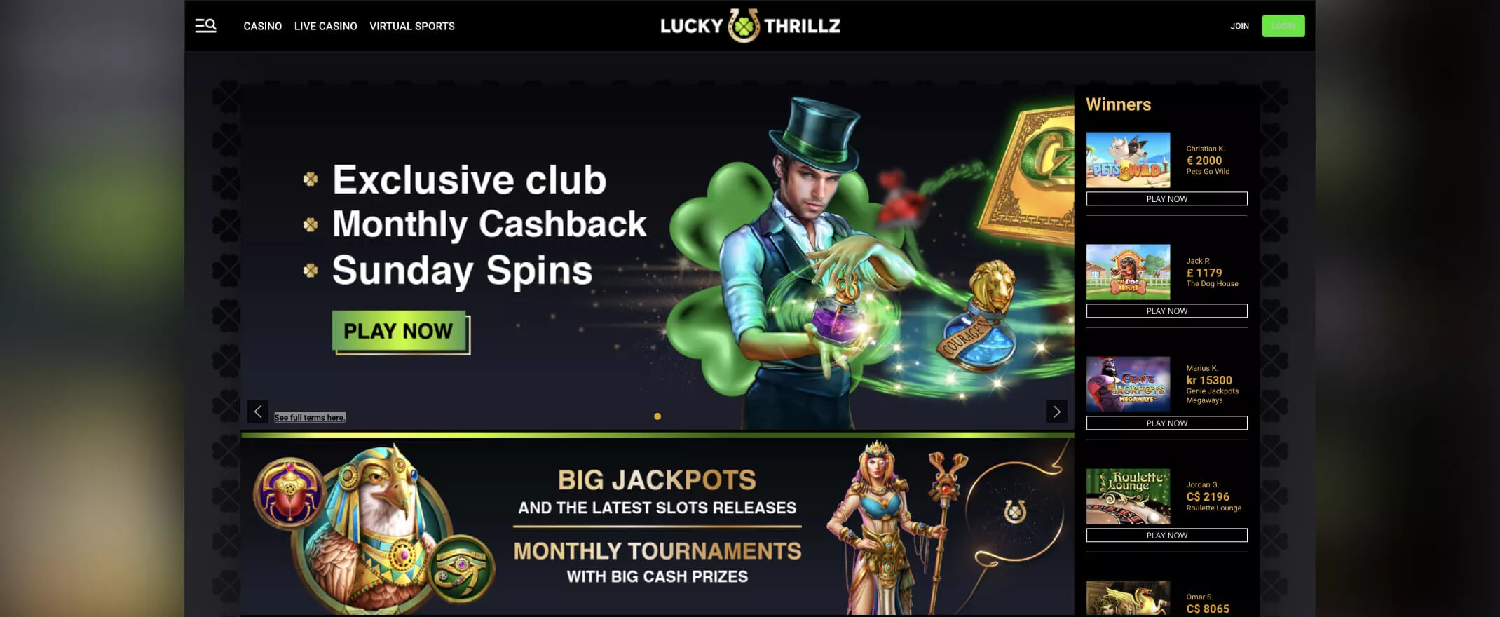 Lucky Thrillz Casino screenshot of homepage