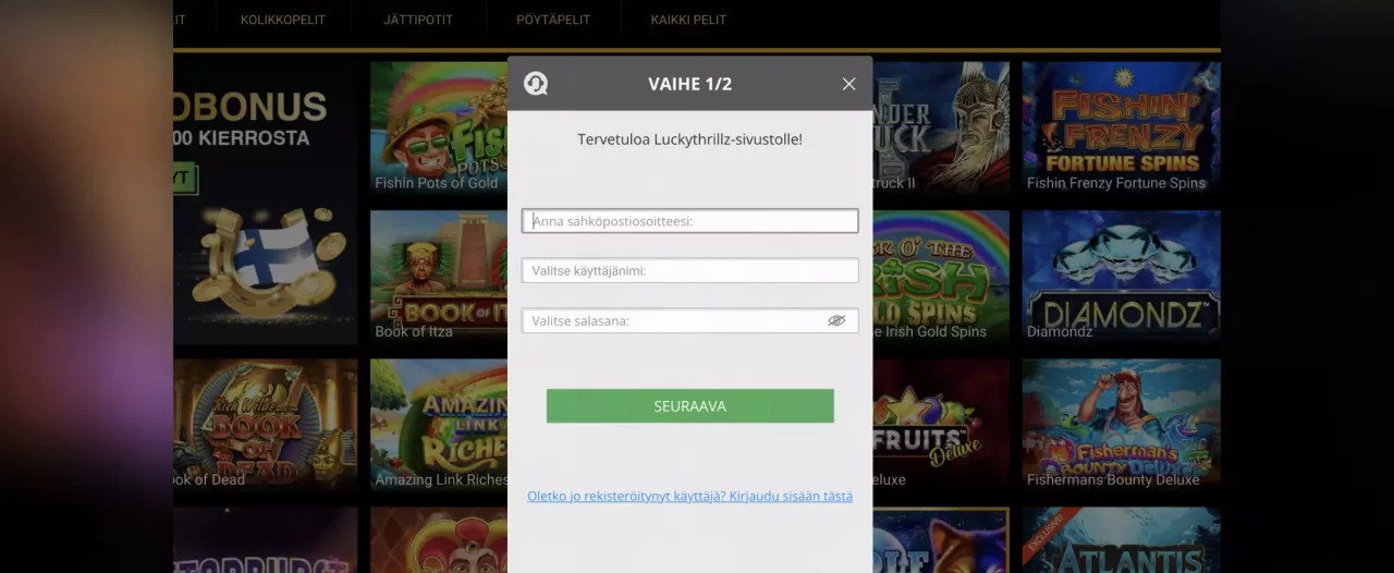 LuckyThrillz Casinolle rekisteröityminen