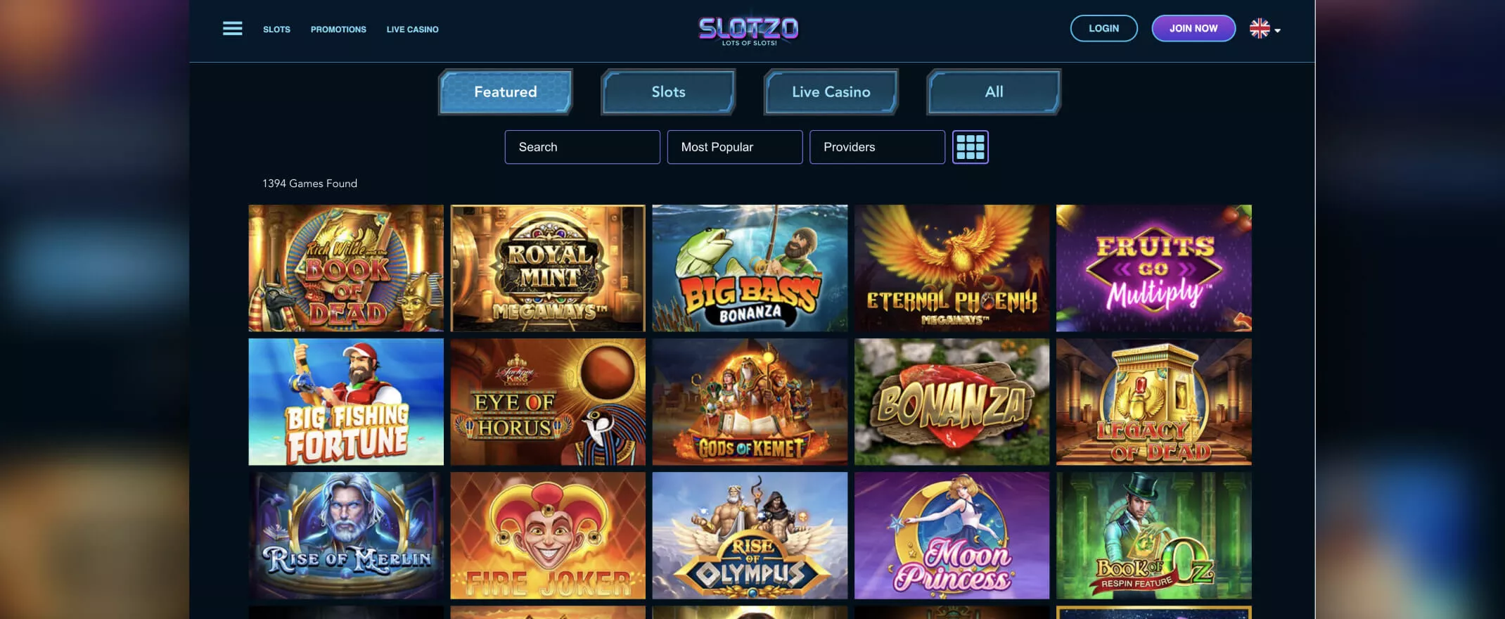 Slotzo casino screenshot of games