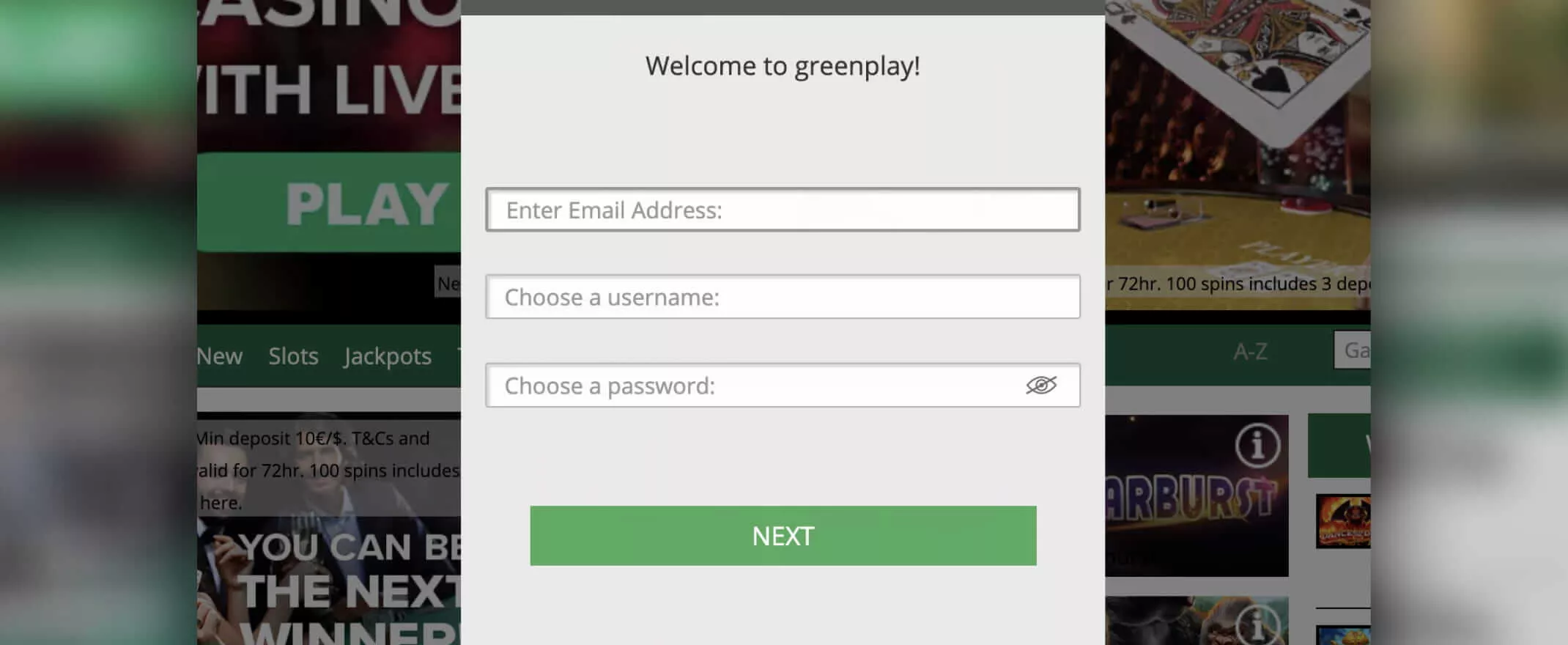 Greenplay screenshot of the registration