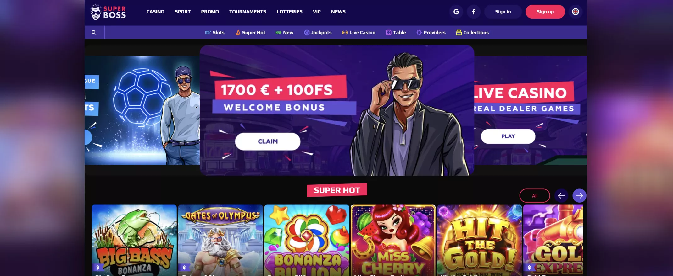 SuperBoss Casino screenshot of the homepage