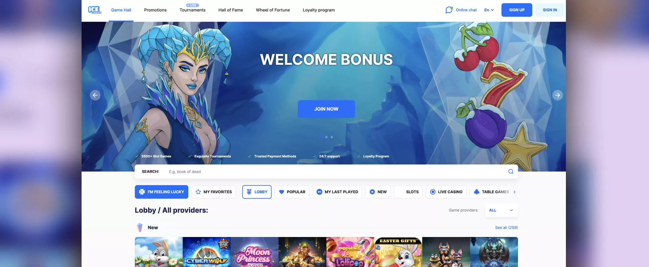 Ice casino homepage screenshot