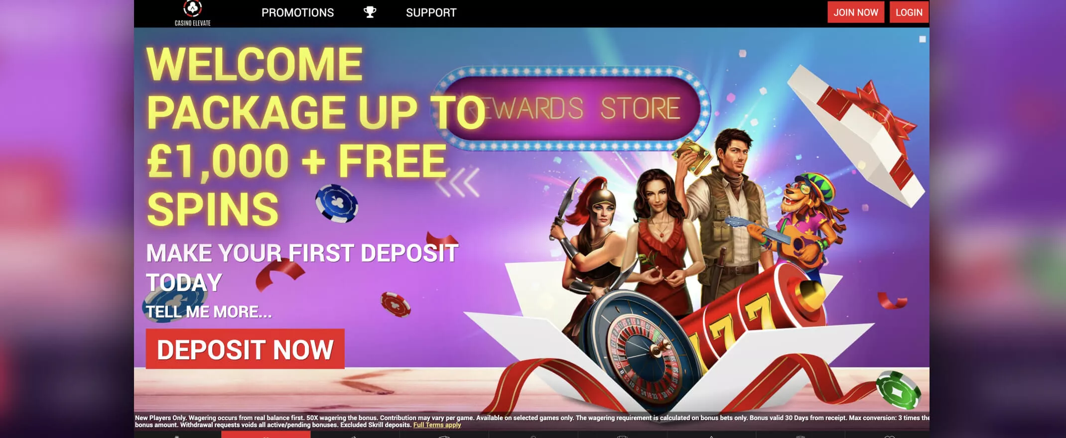 Casino Elevate screenshot of homepage