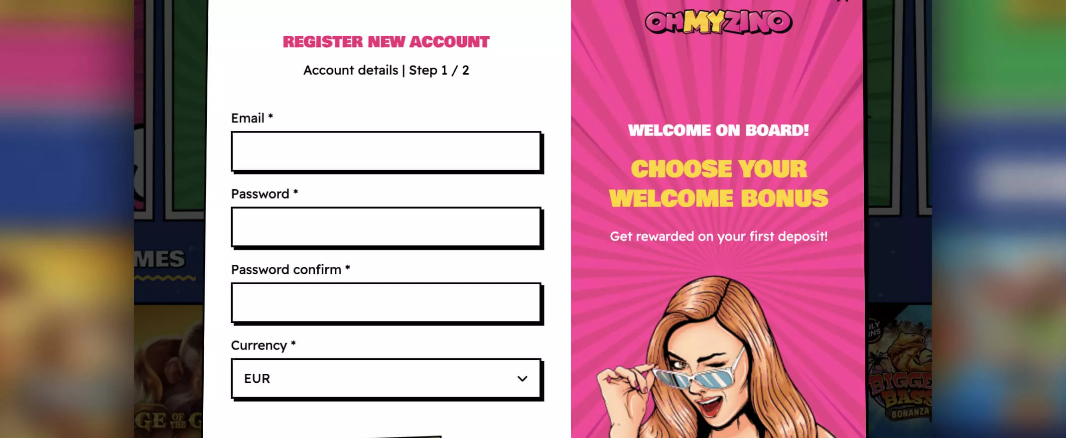 ohmyzino casino registration screenshot