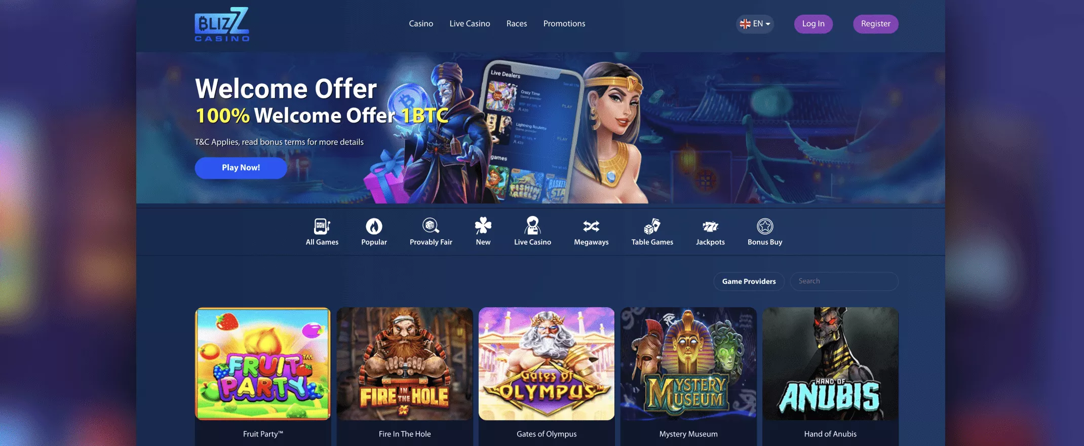 blizz casino homepage screenshot