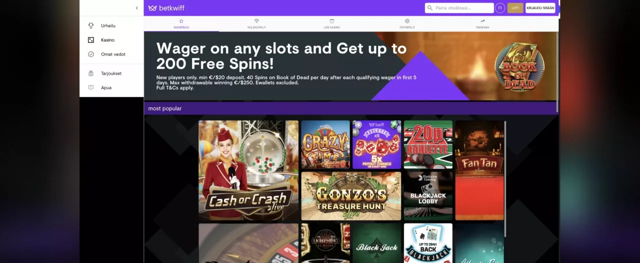 BetKwiff Casinon pelit, kuvankaappaus