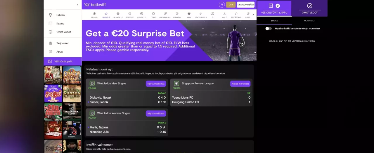 BetKwiff Casinon etusivu, kuvankaappaus