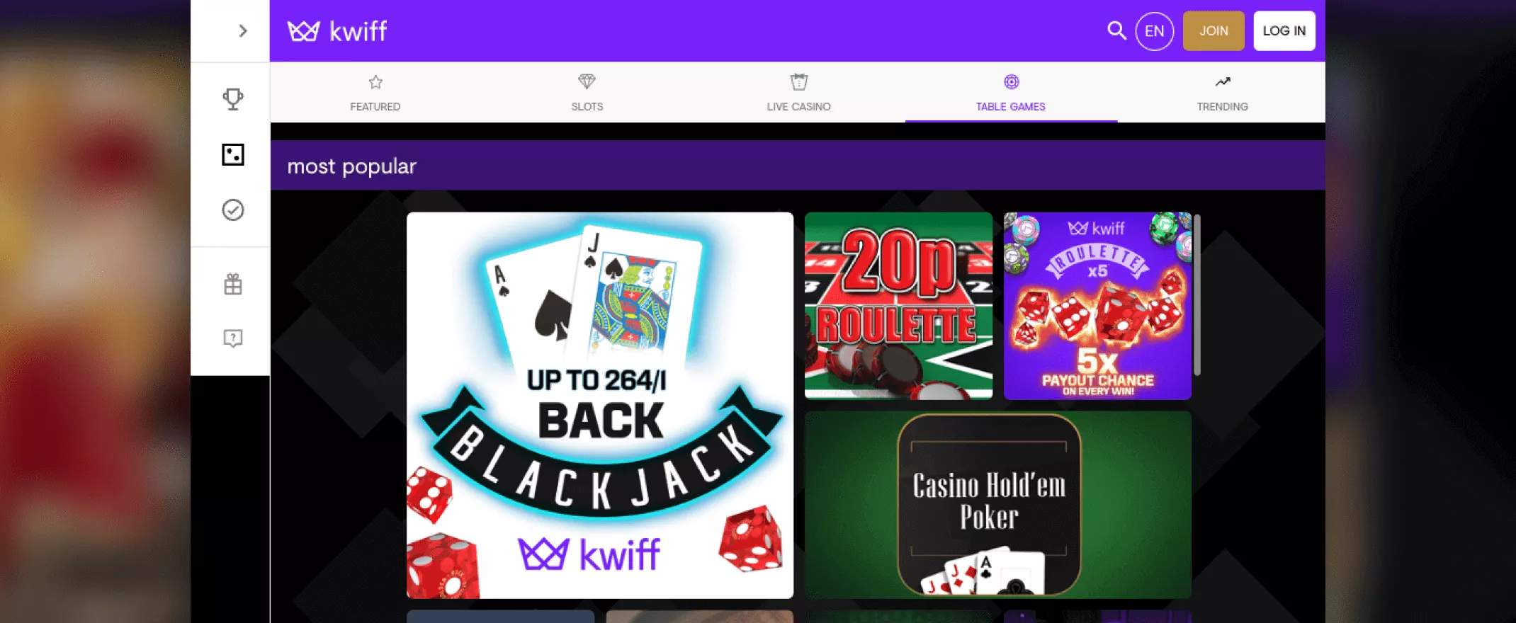 Kwiff casino games screenshot