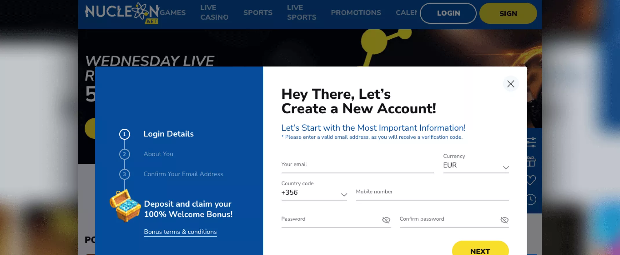 nucleonbet casino registration screenshot