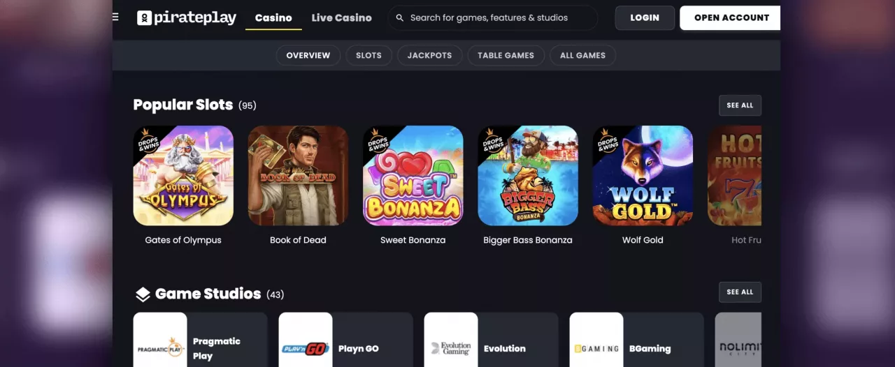pirateplay casino homepage screenshot