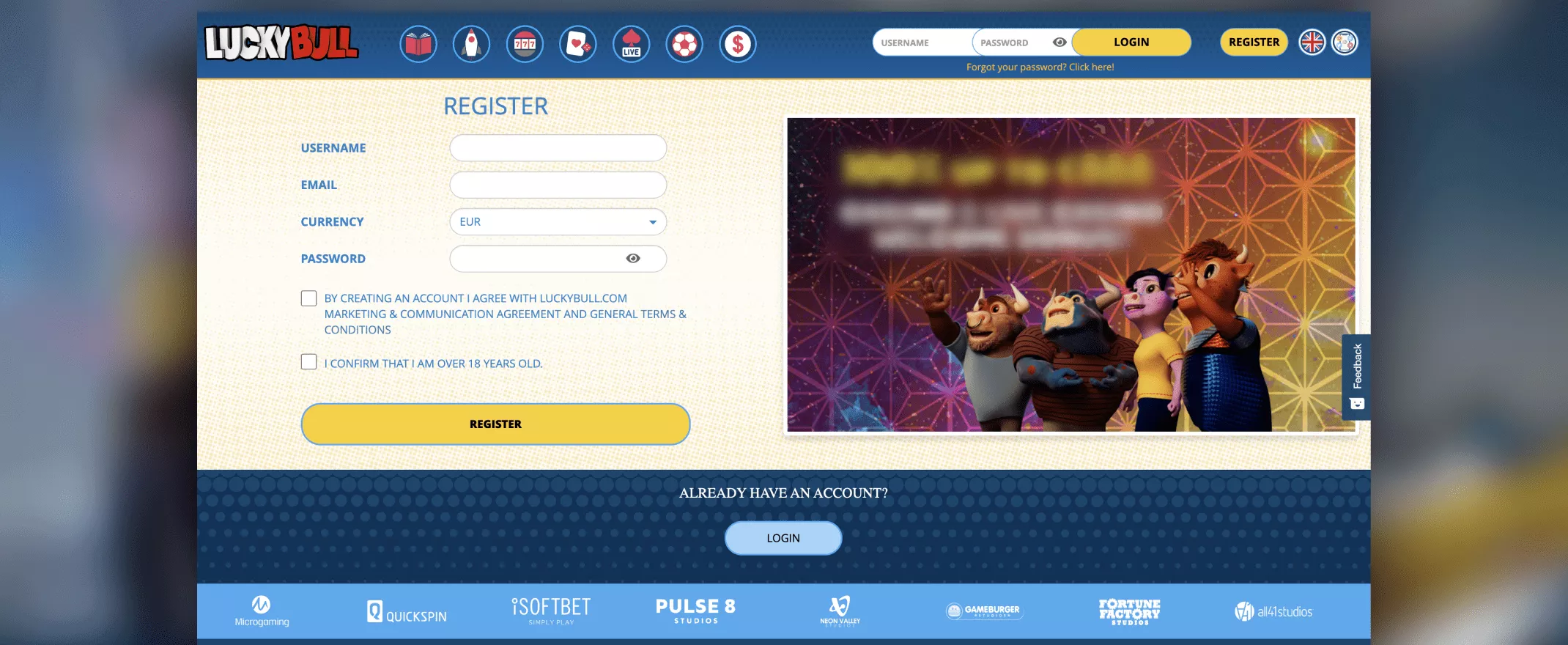 luckybull registration screenshot