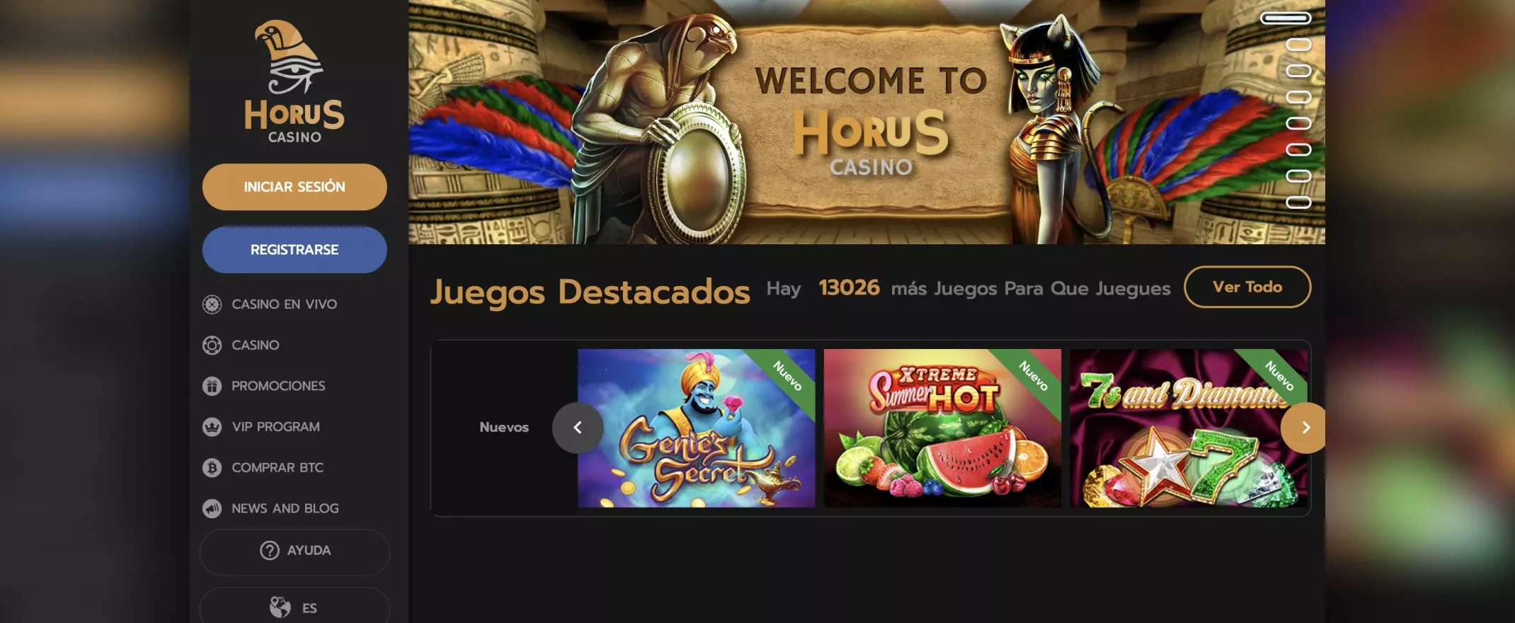 Homepage de Horus Casino