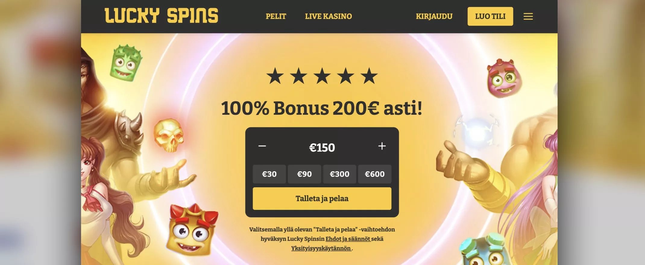 Lucky Spins Casinon etusivu, kuvankaappaus