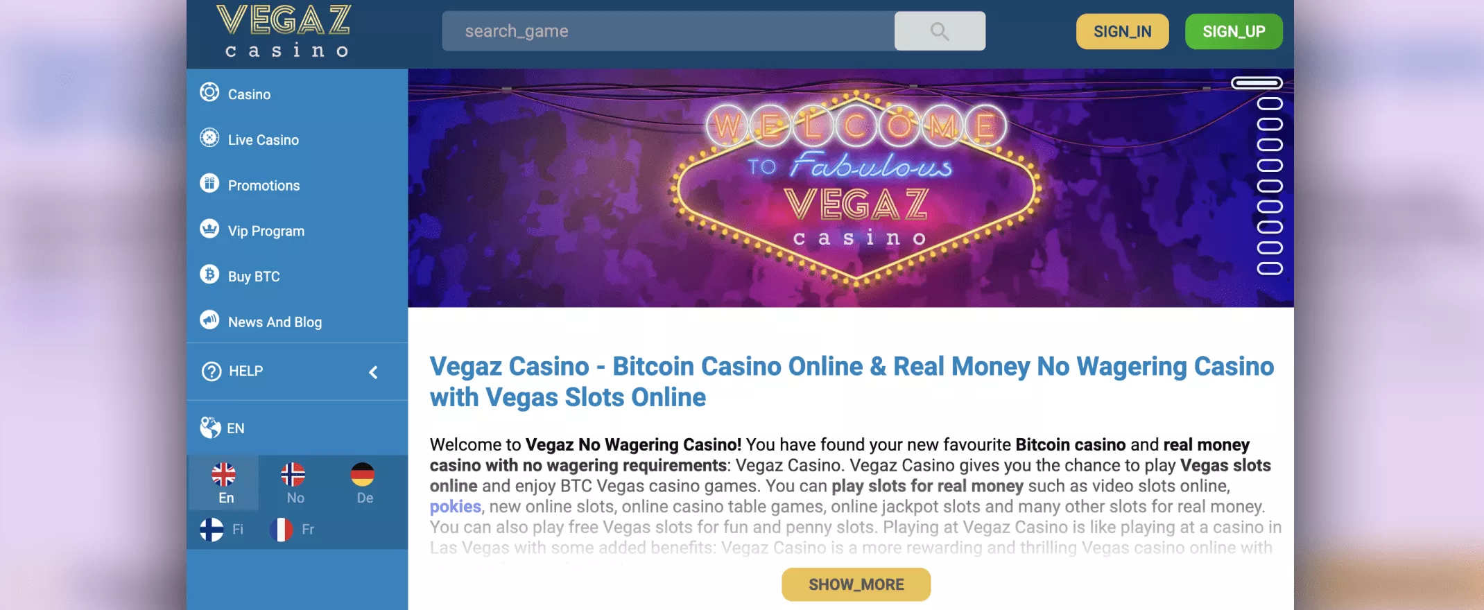 Homepage de Vegaz Casino