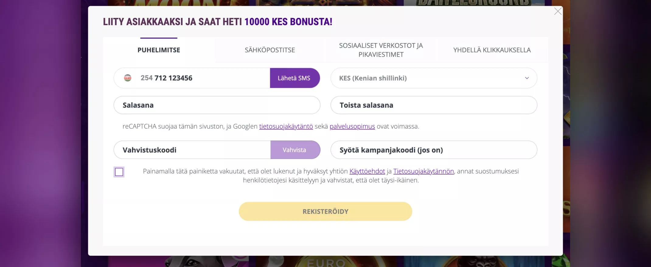 Kuvankaappaus Helabet Casinon rekisteröitymislomakkeesta