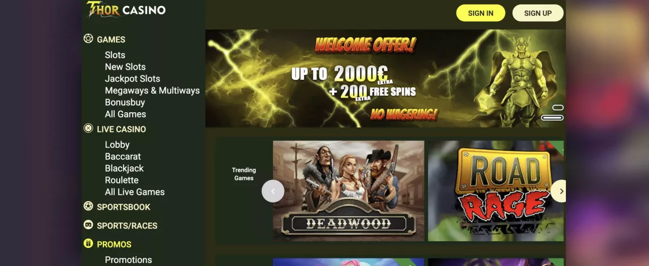 Kuvankaappaus Thor Casinon etusivusta
