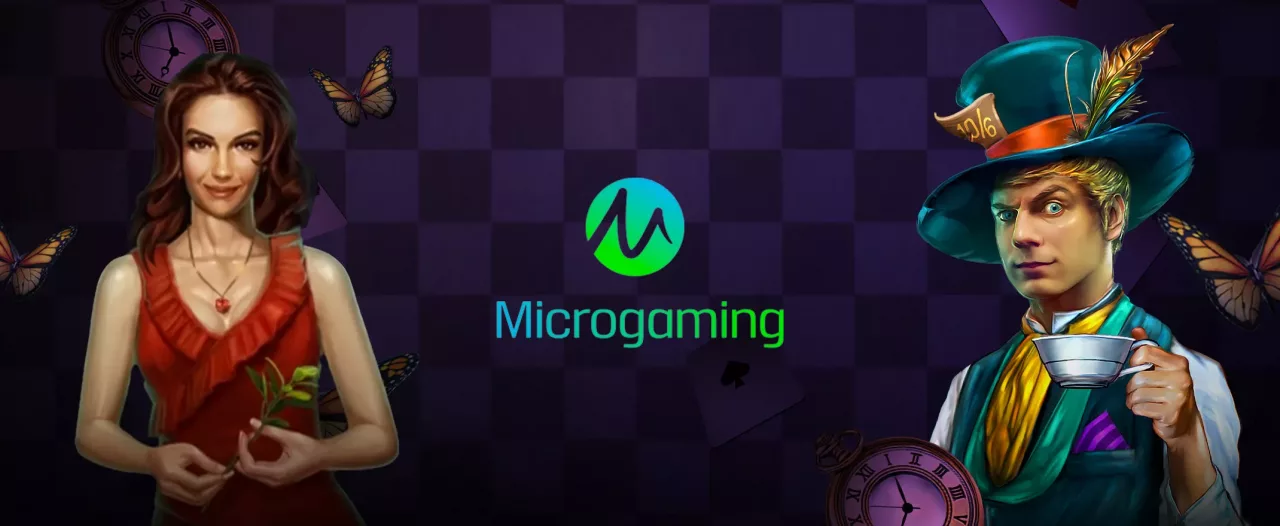 Microgaming logo ja hahmoja pelinkehittäjän peliautomaateista