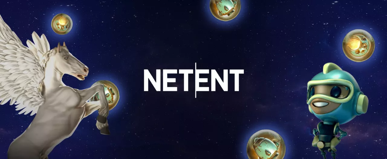 NetEnt logo ja hahmoja pelinkehittäjän peliautomaateista
