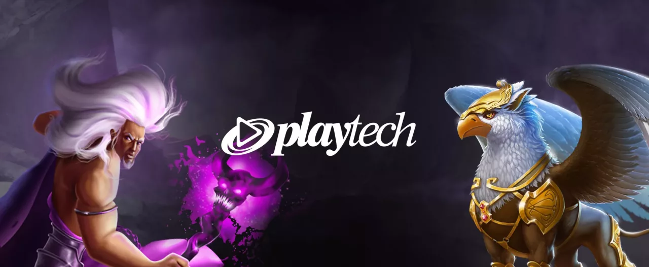 Playtech logo ja hahmoja pelinkehittäjän peliautomaateista