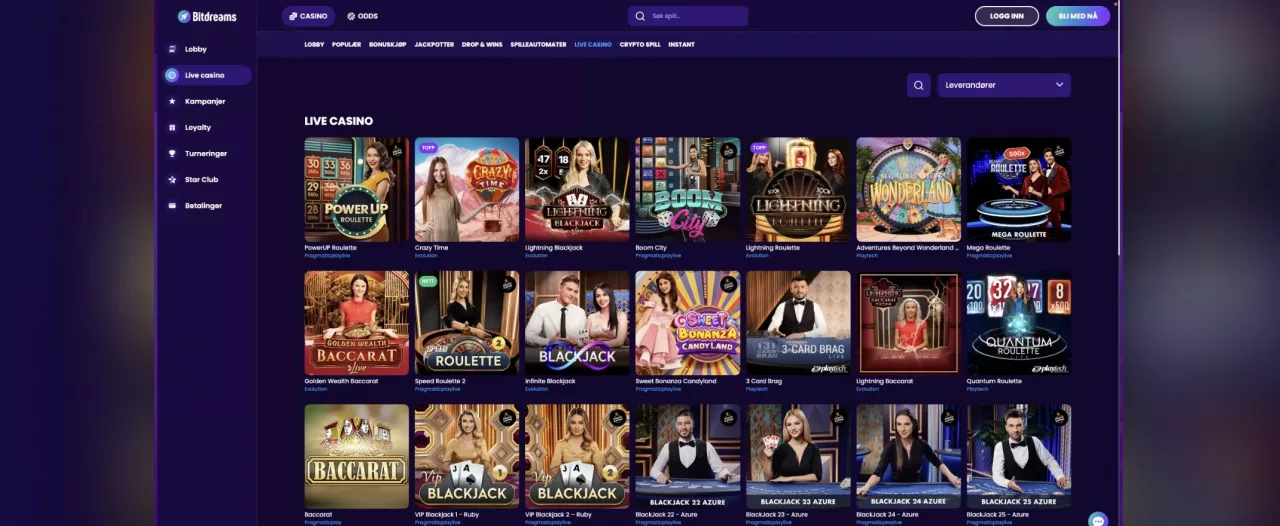 Skjermfangst av BitDreams Casino spilleautomater