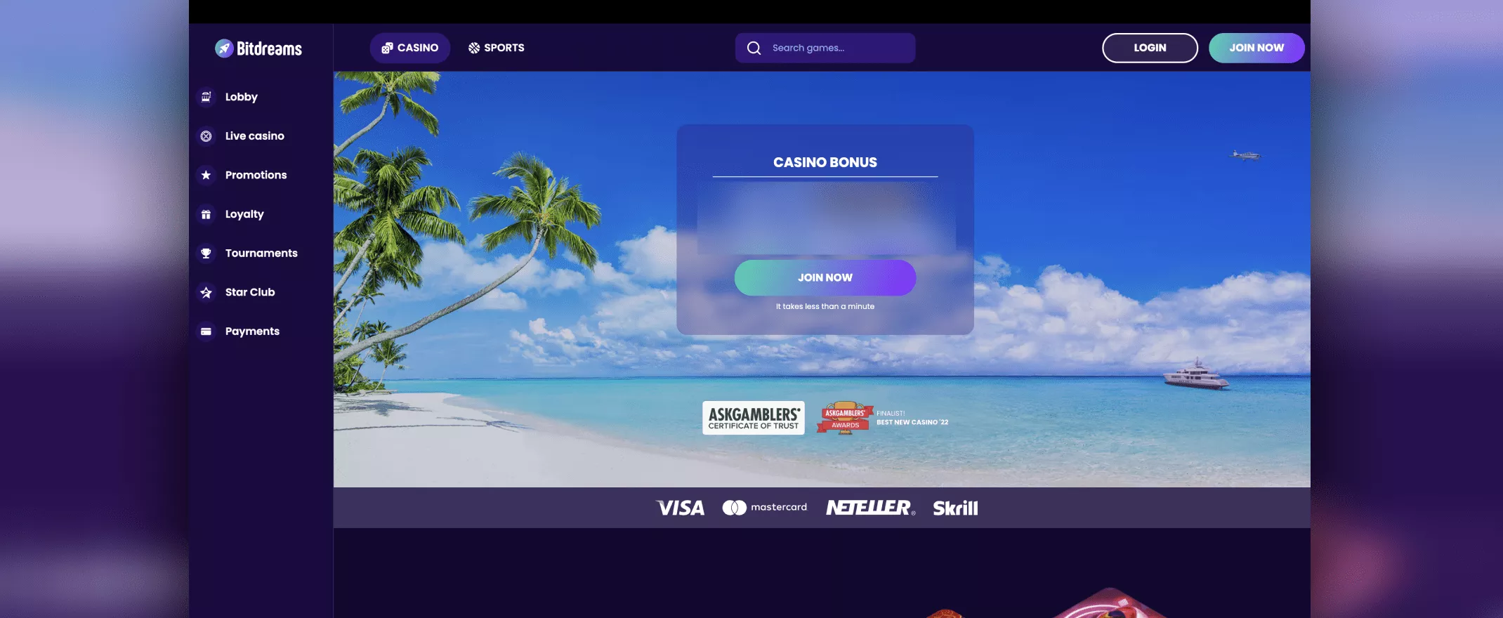 Kuvankaappaus BitDreams Casinon etusivusta