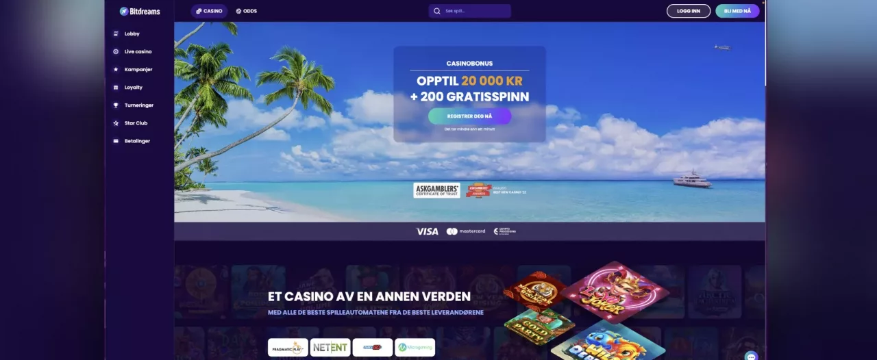 Skjermfangst av BitDreams Casino hjemmeside