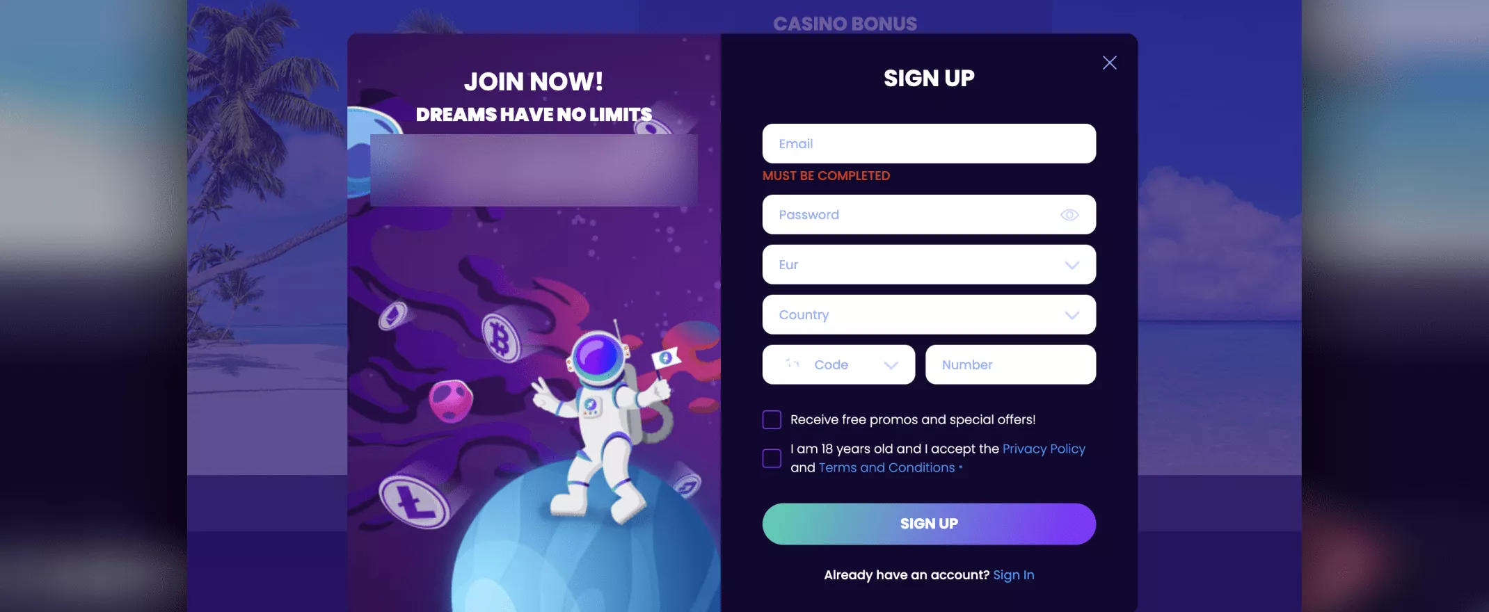 Kuvankaappaus BitDreams Casinolle rekisteröitymisestä