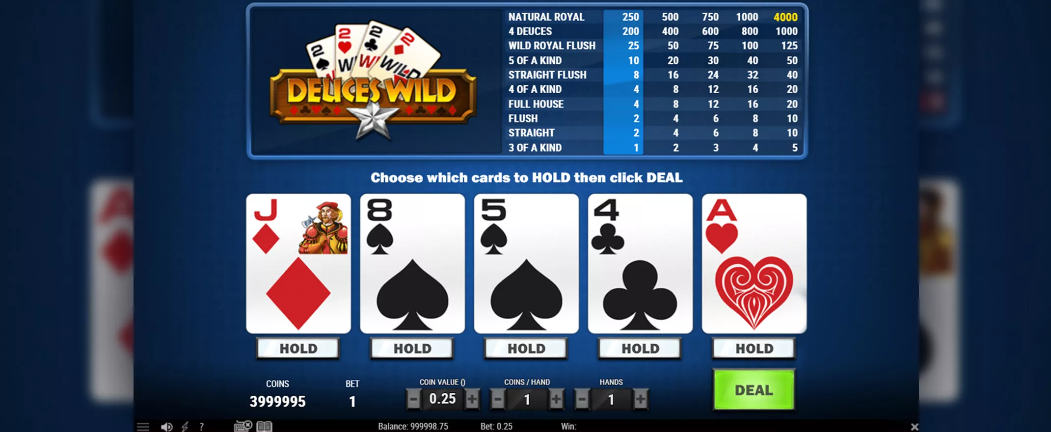 Kuvankaappaus Deuces Wild videopokerista