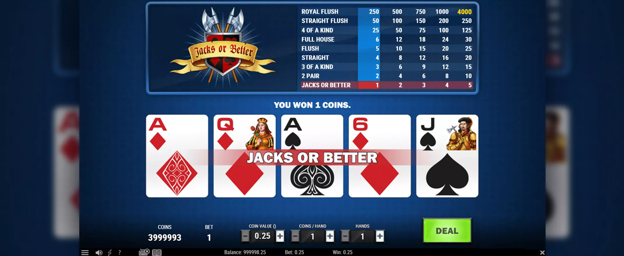 Kuvankaappaus Jacks Or Better videopokerista