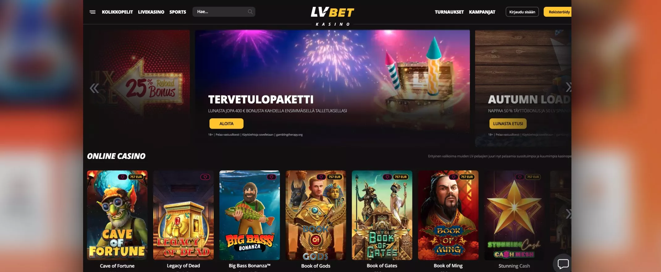 Kuvankaappaus LV BET Casinon etusivusta