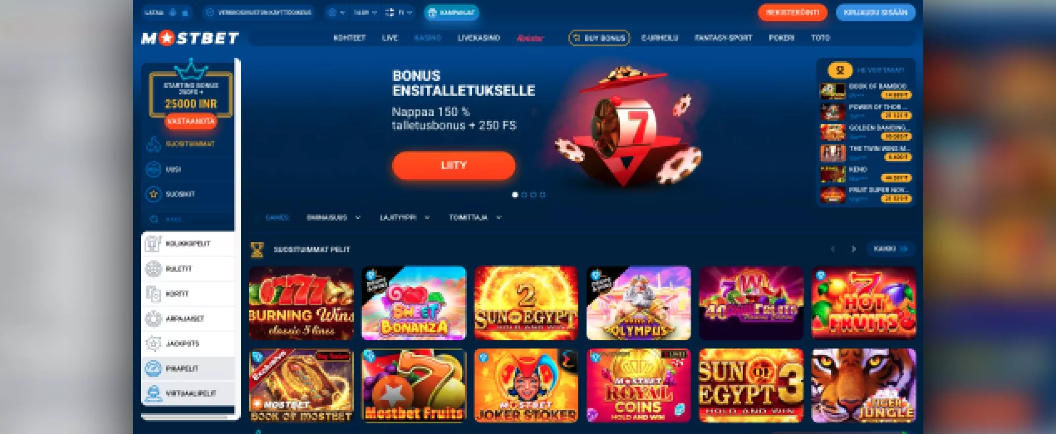 Kuvankaappaus Mostbet Casinon peleistä