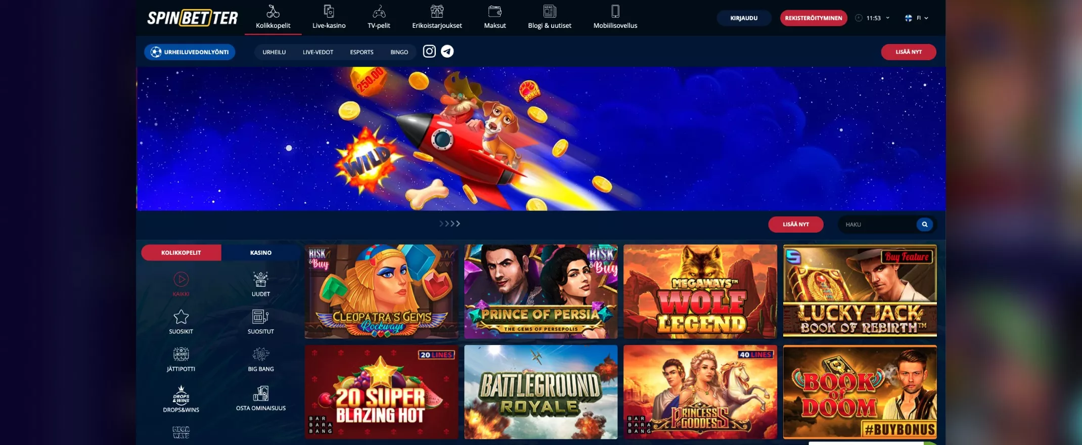 Kuvankaappaus SpinBetter Casinon peleistä