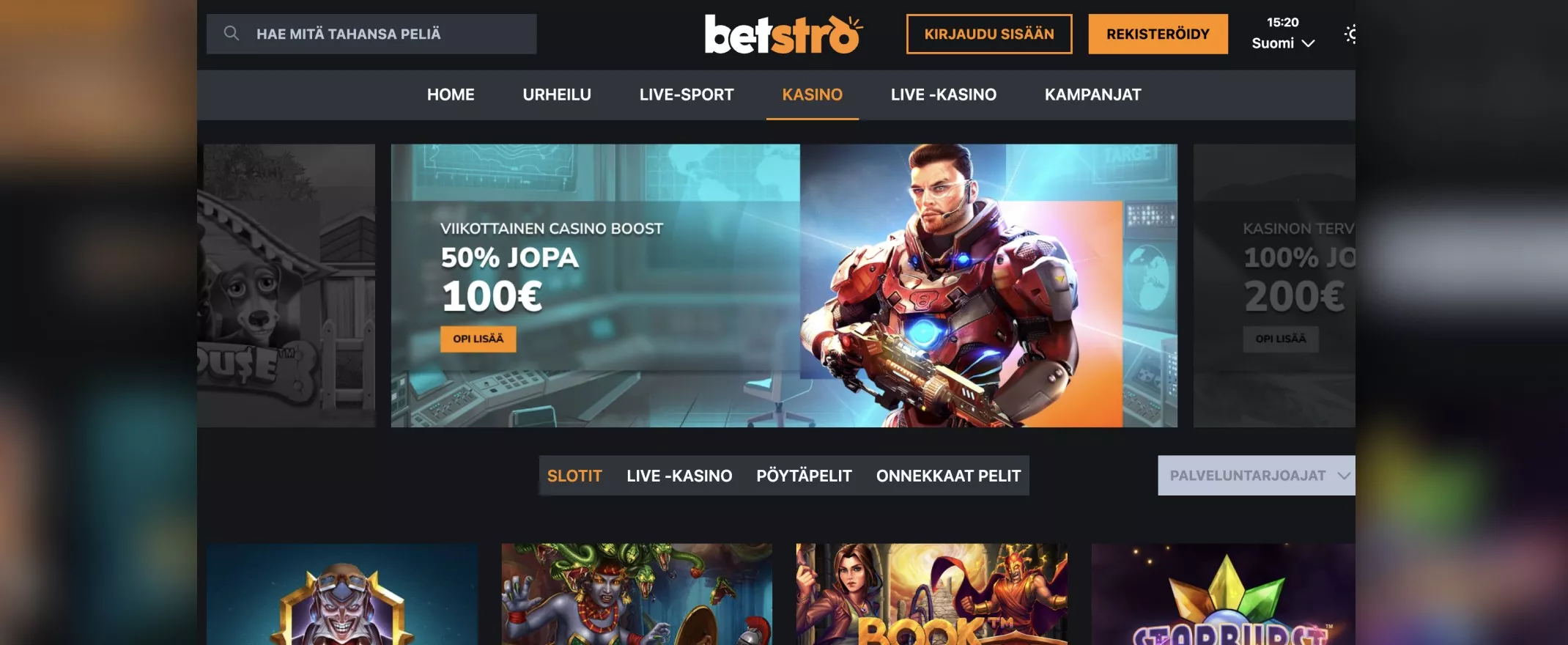 Kuvankaappaus Betstro Casinon etusivusta