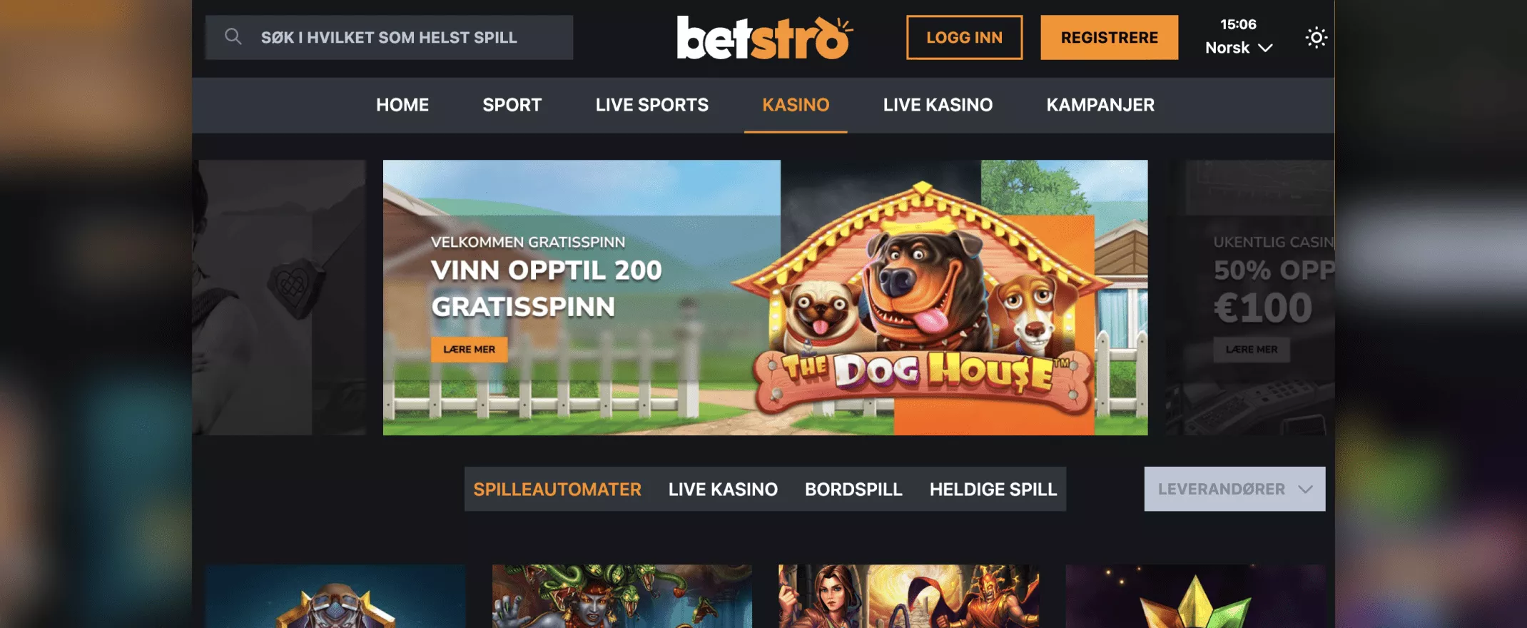 Skjermfangst av Betstro Casino hjemmeside