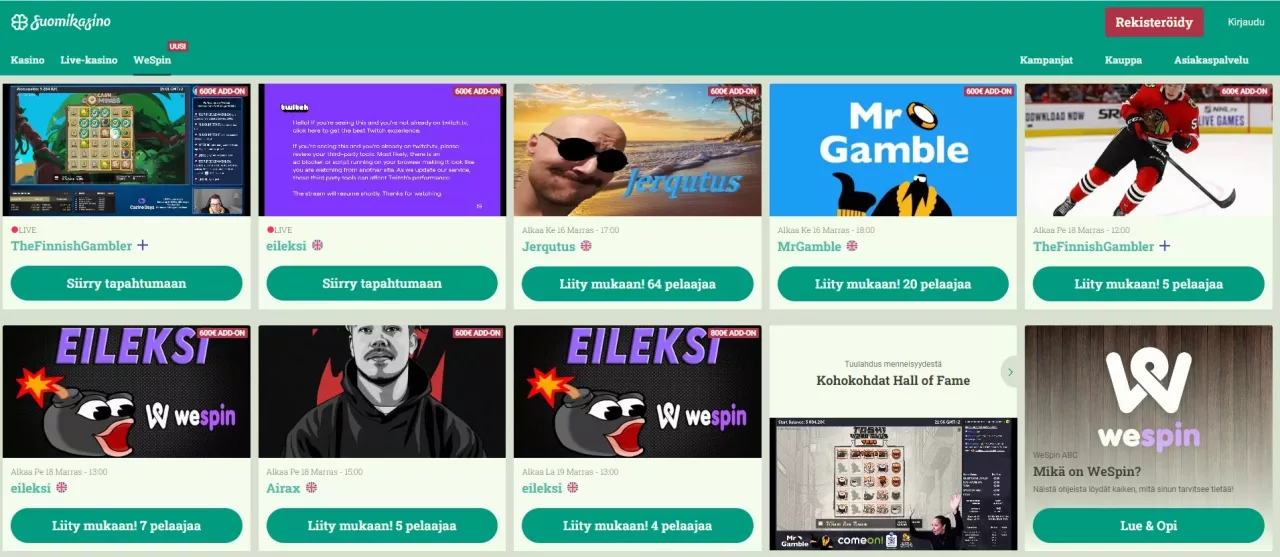 WeSpin kimppapelien aula Suomikasinolla