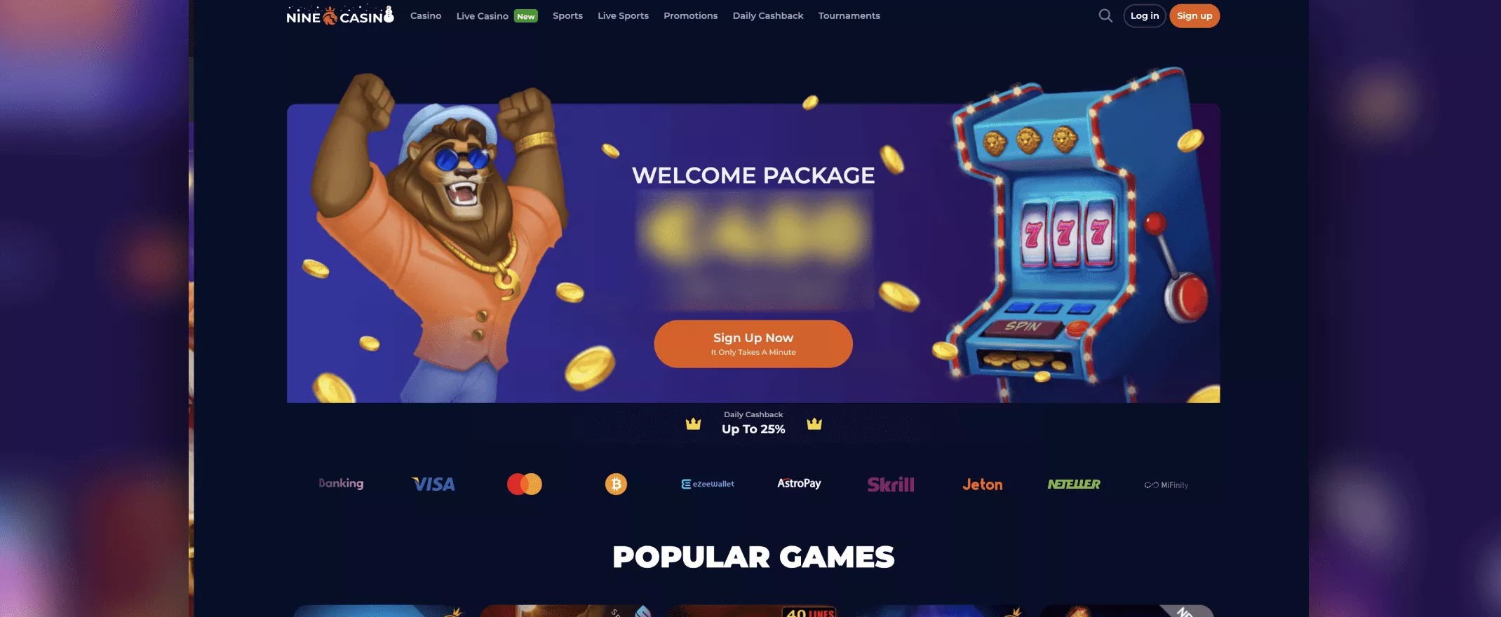 Nine Casino screenshot of the homepage