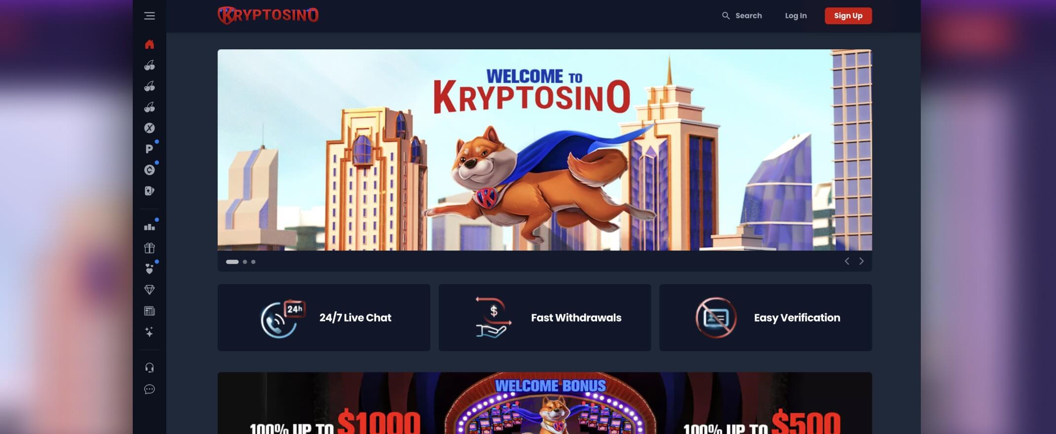 Kuvankaappaus Kryptosino Casinon etusivusta