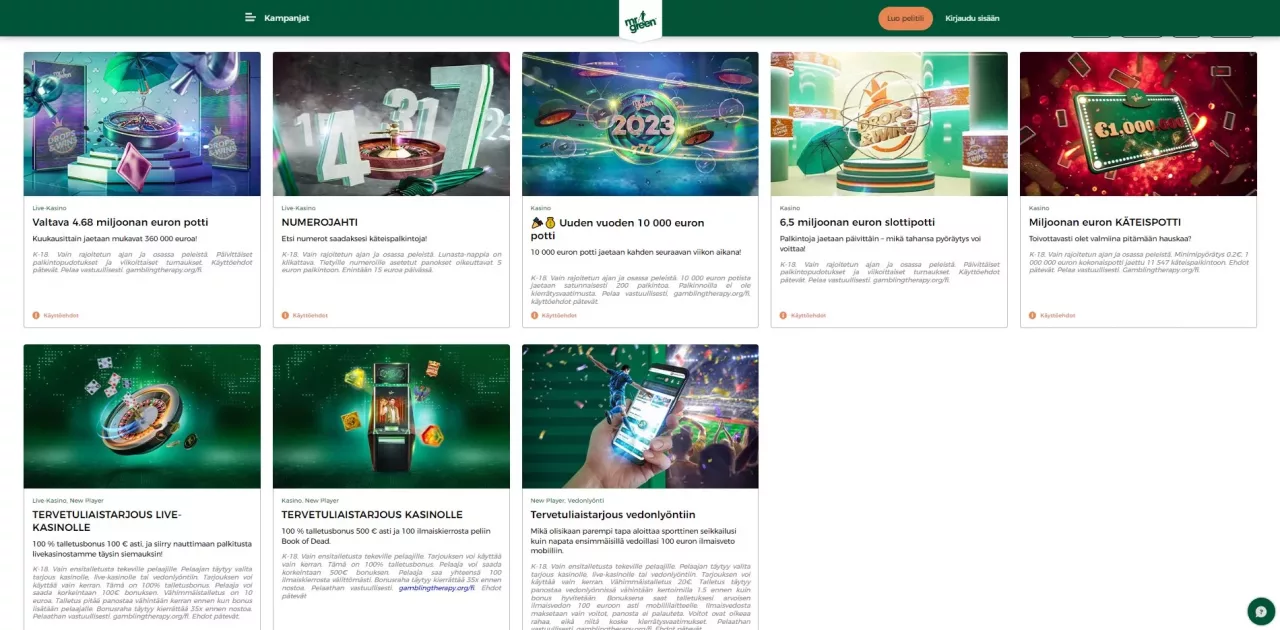 Kuvankaappaus MrGreen Casinon kampanjasivusta