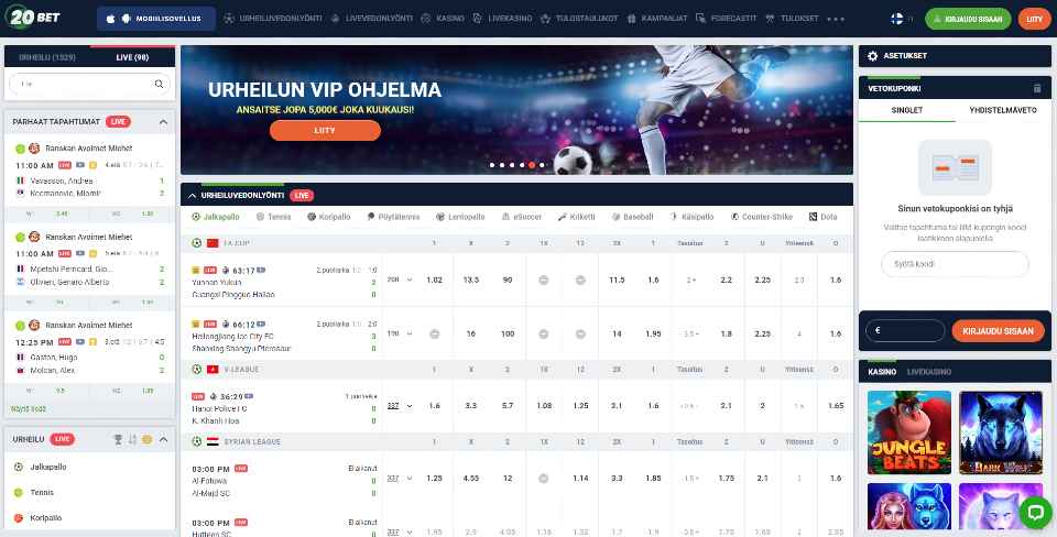 Kuvankaappaus 20Bet Casinon etusivusta, näkyvissä banneri urheilun VIP-ohjelmasta sekä useita vedonlyöntikohteita