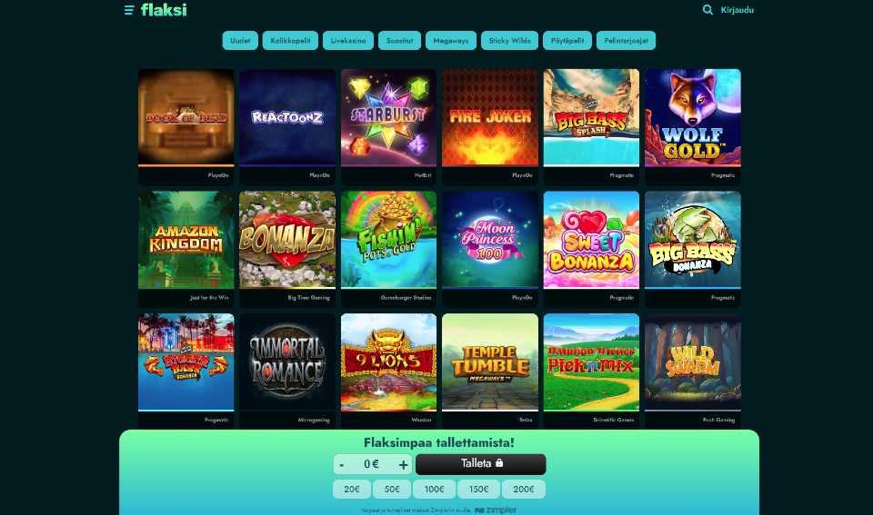 Kuvankaappaus Flaksi Casinon peliaulasta, näkyvissä 18 peliautomaattia ja talletusikkuna