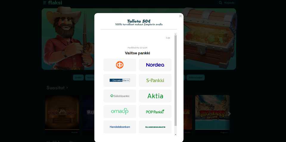 Kuvankaappaus Flaksi Casinon talletusikkunasta, näkyvissä 50 € talletus ja 10 eri suomalaista pankkia